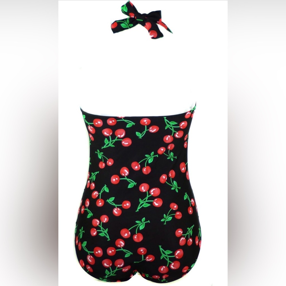 Retro 50s Inspired Cherry Print Black and Red Swimsuit Size 3XL - Picture 7 of 7